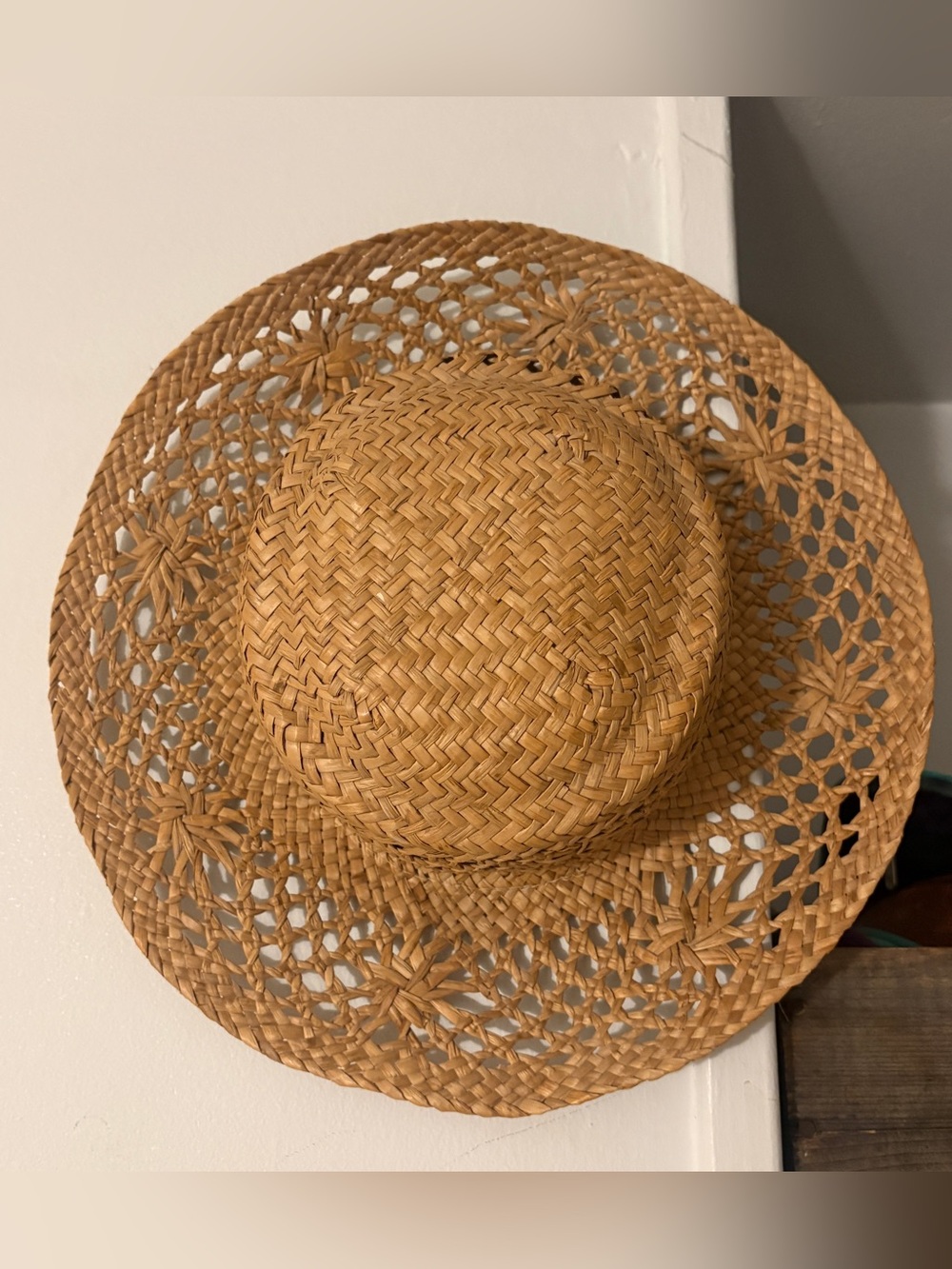 Vintage Boho Wide Brim Straw Sun Hat Open Weave Floral Detail